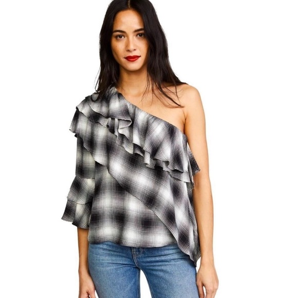 Alice + Olivia Black White Plaid One Shoulder Ruffle Top Size Med - Picture 2 of 16